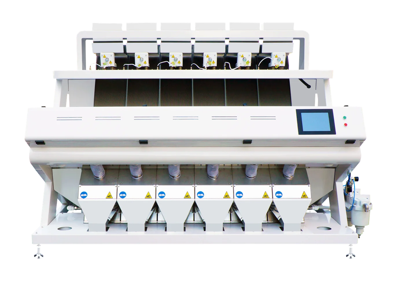 Front view of an M384 chute color sorter with six feed sections and discharge outlets