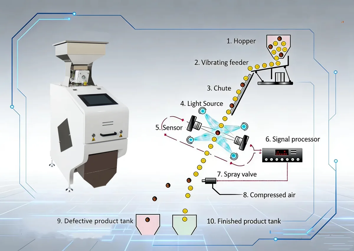 Color sorter structure diagram showing feed, chutes, optical sensors, ejectors and outlets