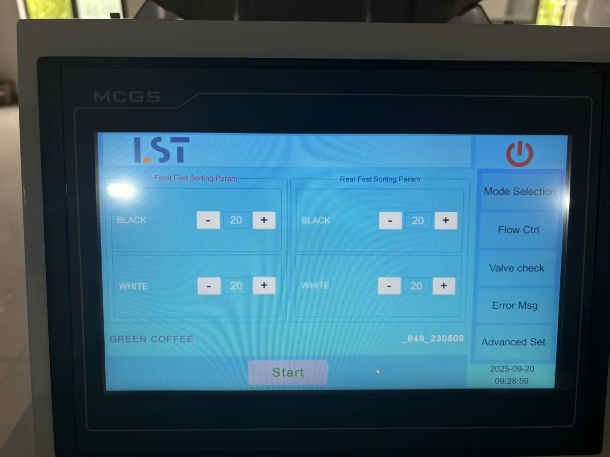 Close view of a color sorter touchscreen interface during setup