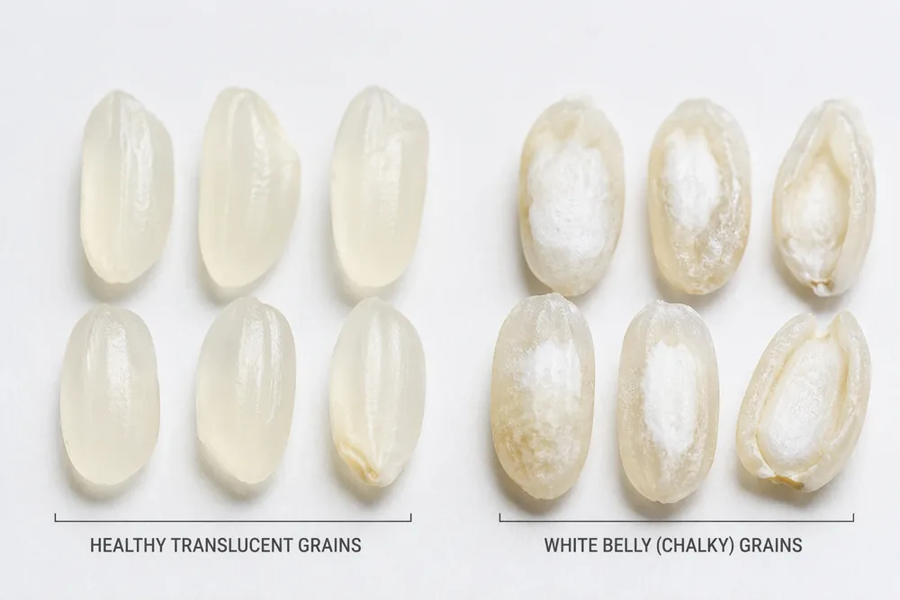 Comparison of translucent rice grains and white belly chalky rice grains