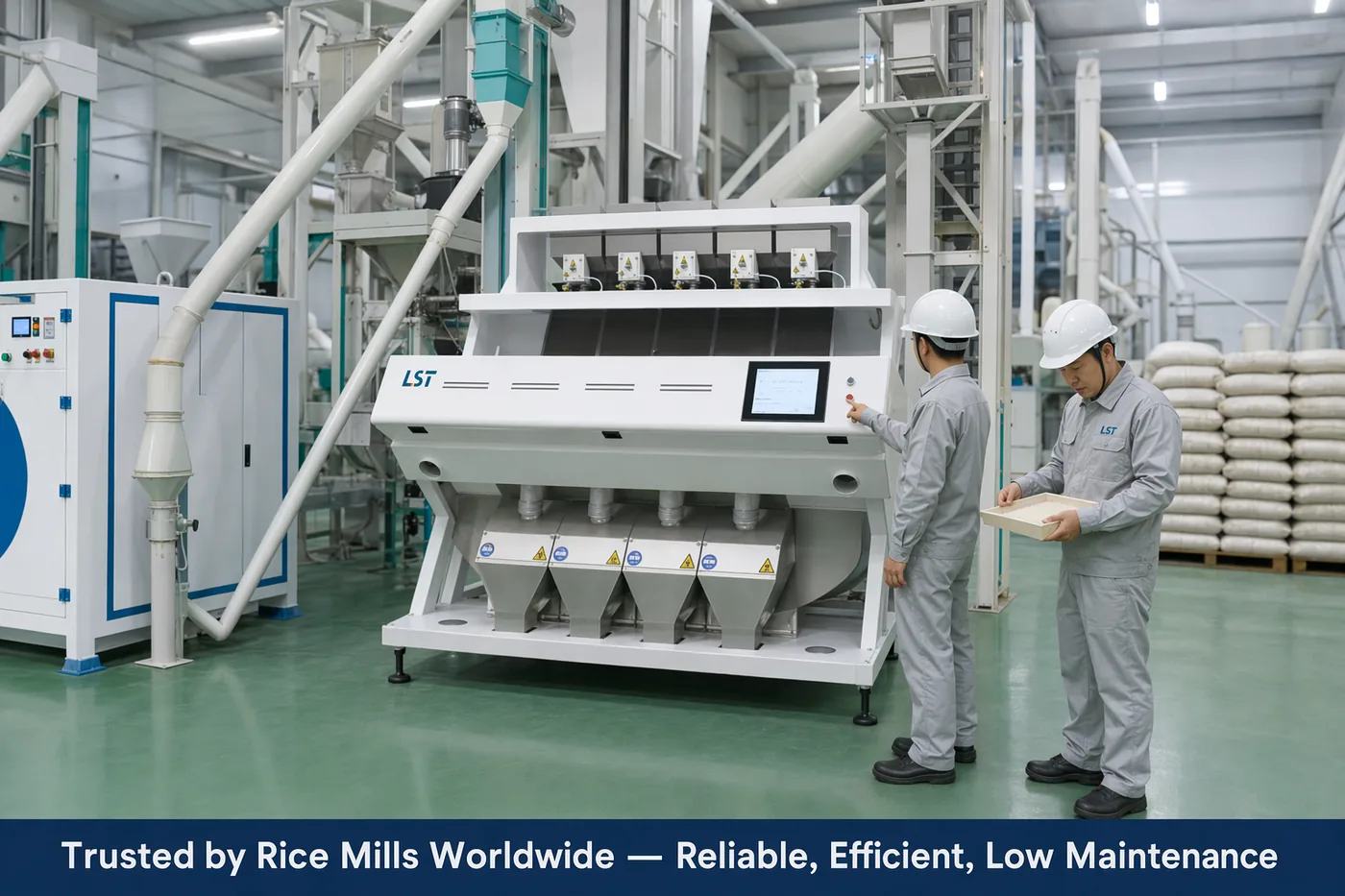 Rice color sorter installed in a rice processing workshop with operators beside the machine