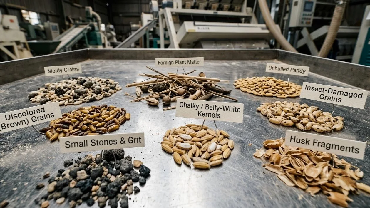 Rice reject stream review showing moldy grains, foreign plant matter, stones, grit and husk fragments
